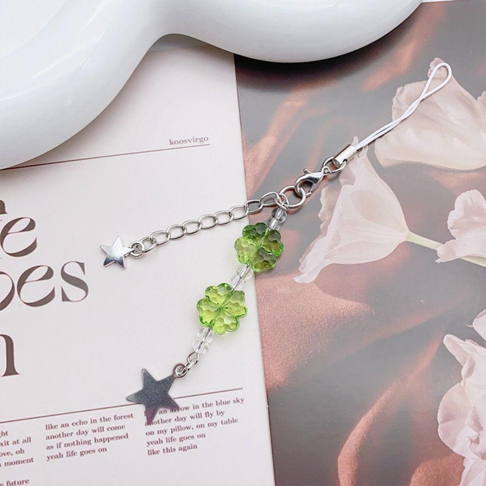 Summer Lucky Grass Phone Charms Green Four-leaf Clover Beaded Keychain Bag Pendant   Gifts