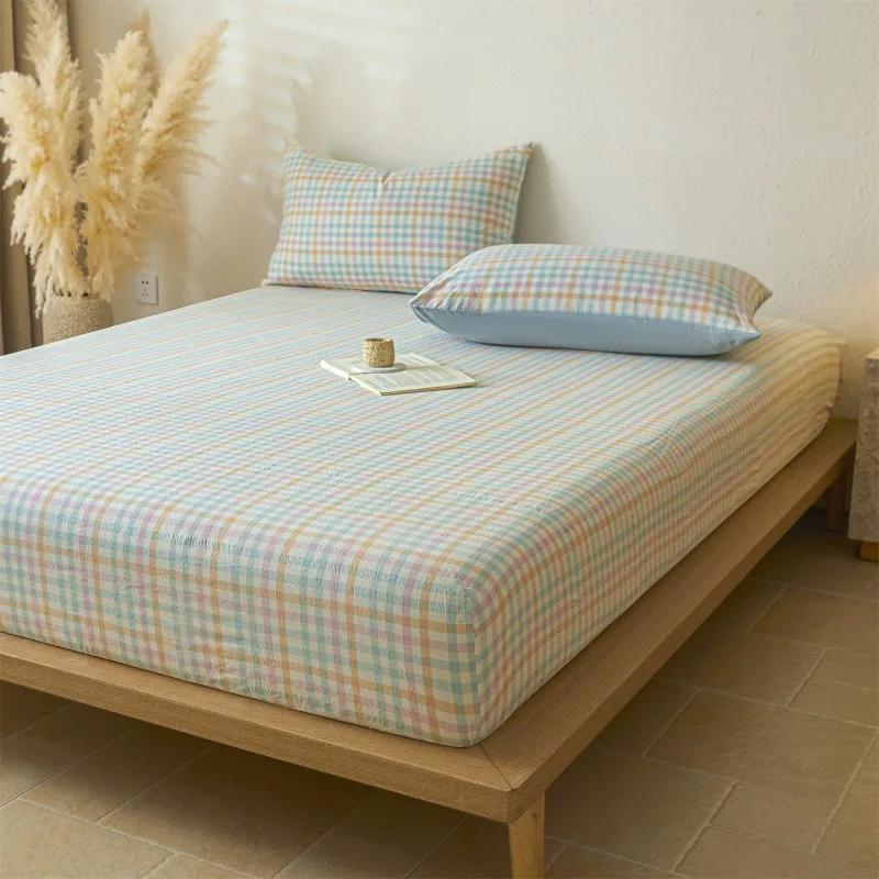 

New cotton washed cotton lattice series single bed hat thickened tatami non-slip bed cover single piece fitted sheet only 2pcs pillowcase