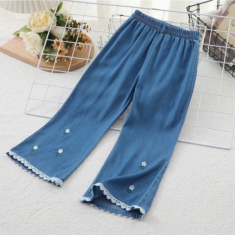 

Девичьи брюки от комаров Летние тонкие джинсы из ледяного шелка Повседневные брюки-дудочки из имитации денима для девочек 150