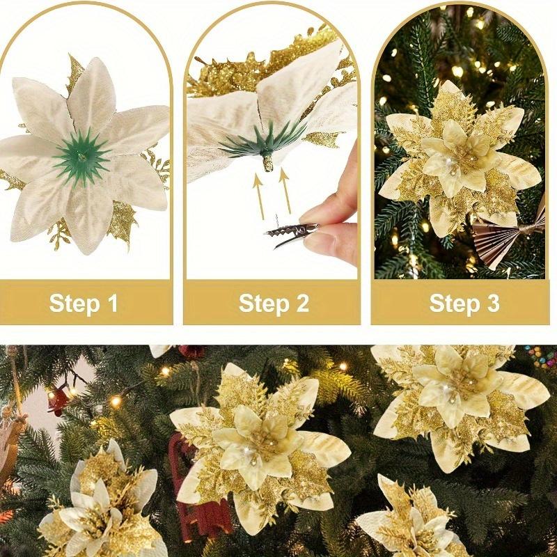 20 Stück/Set Glänzende Weihnachtsbaumdekorationen:Künstliche Weihnachtssterne mit Clips, Bougainvillea-Ornamente für Weihnachten