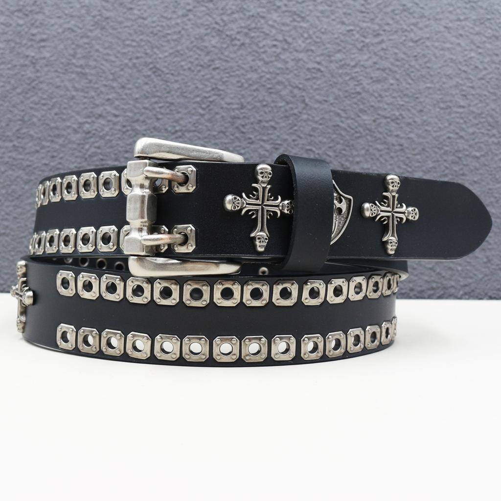 New Genuine Leather Cross Skull Shield Rivet Cowhide Belt Hollow Corn Rivet Belt
