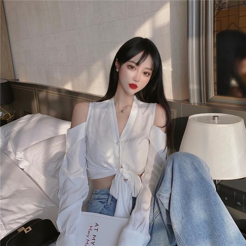 WTEMPO Off Shoulder Women Shirt Sexy V-neck Short French Style Chic Long Sleeve Shirt StreetWear Casual Top Blouse Women