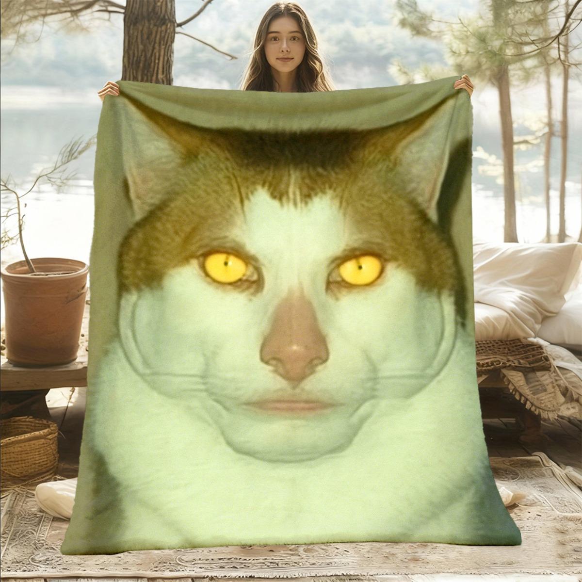 Comical Cat Glowing Eyes Flannel Blanket, Cozy Throw with Eerie Yellow Eyes for Bed Sofa Camping Halloween Gift 75X95CM