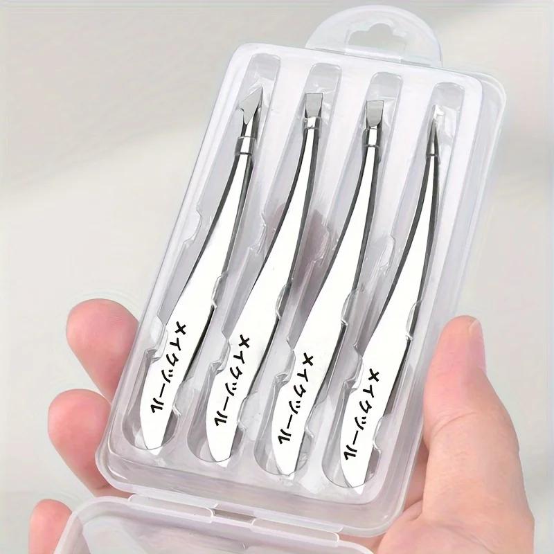 4pcs Precision Stainless Steel Tweezers Set - Eyebrow, Nose & Facial Hair Removal, Fragrance-Free, Glossy Finish