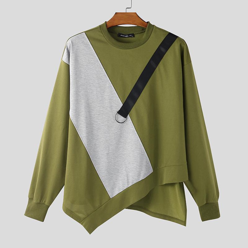 INCERUN T-shirt e Top Casual Larghi da Uomo a Manica Lunga con Patchwork Irregolare e Girocollo