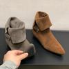Genuine Leather Low Heel Ankle Boots Women Fashion Pointed Toe Buckle Design Western Cowboy Boot High Quality Nubuck Modern Boot