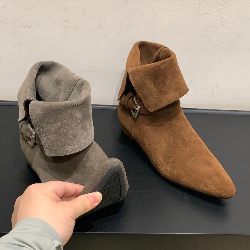 Genuine Leather Low Heel Ankle Boots Women Fashion Pointed Toe Buckle Design Western Cowboy Boot High Quality Nubuck Modern Boot