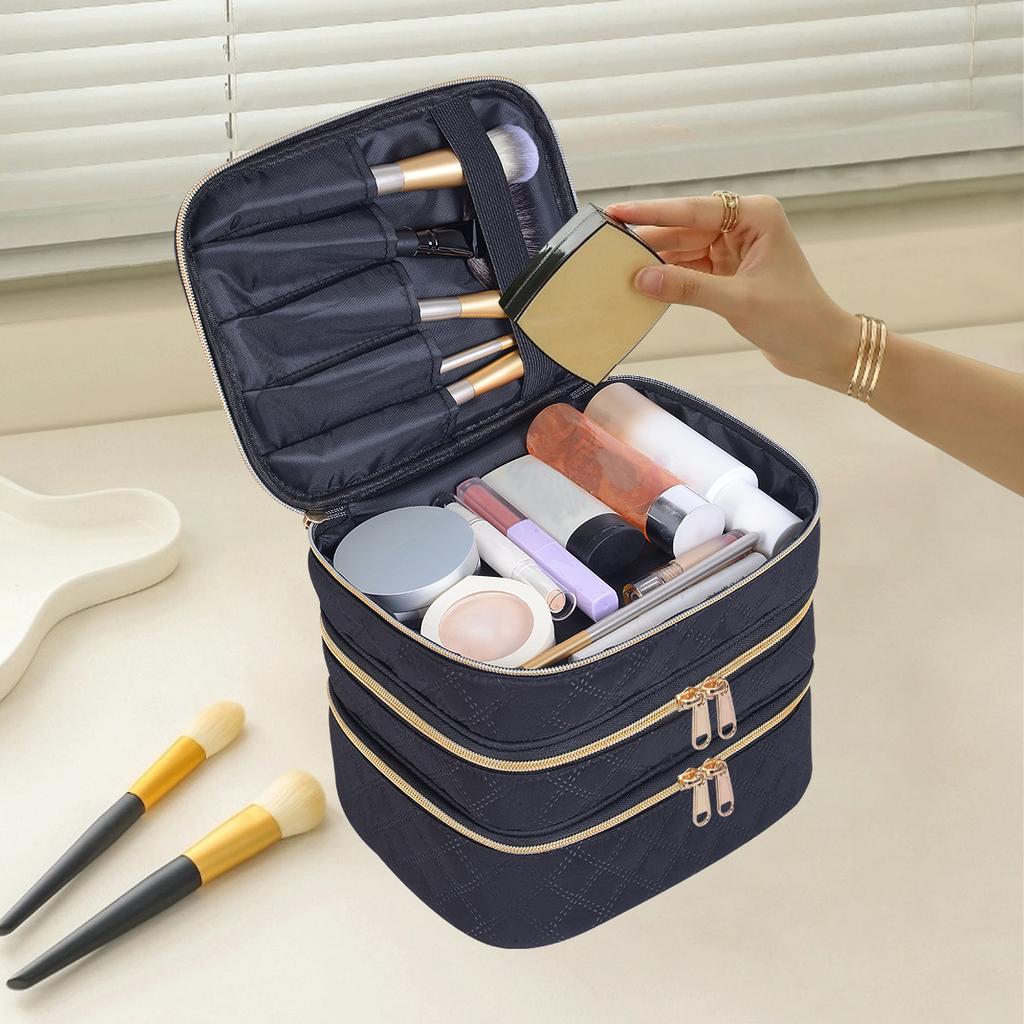 3-Layer Large Capacity Quilted Makeup Bag Organizer with Handles - Suitable for Travel and Home Organizer