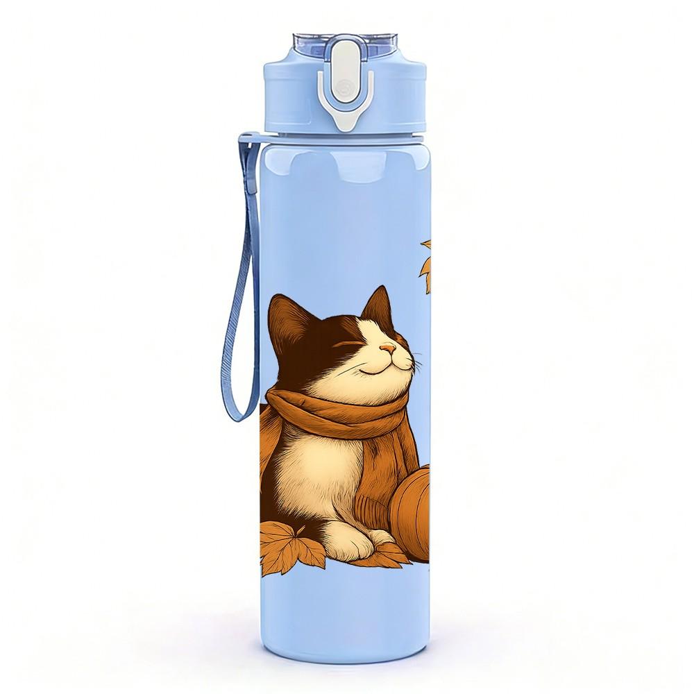 1PC Autumn Cat With Pumpkin 750ml Color Plastic Sports Water Bottle Leakproof Flip Straw Lid Suitable for Sports Office Home Use