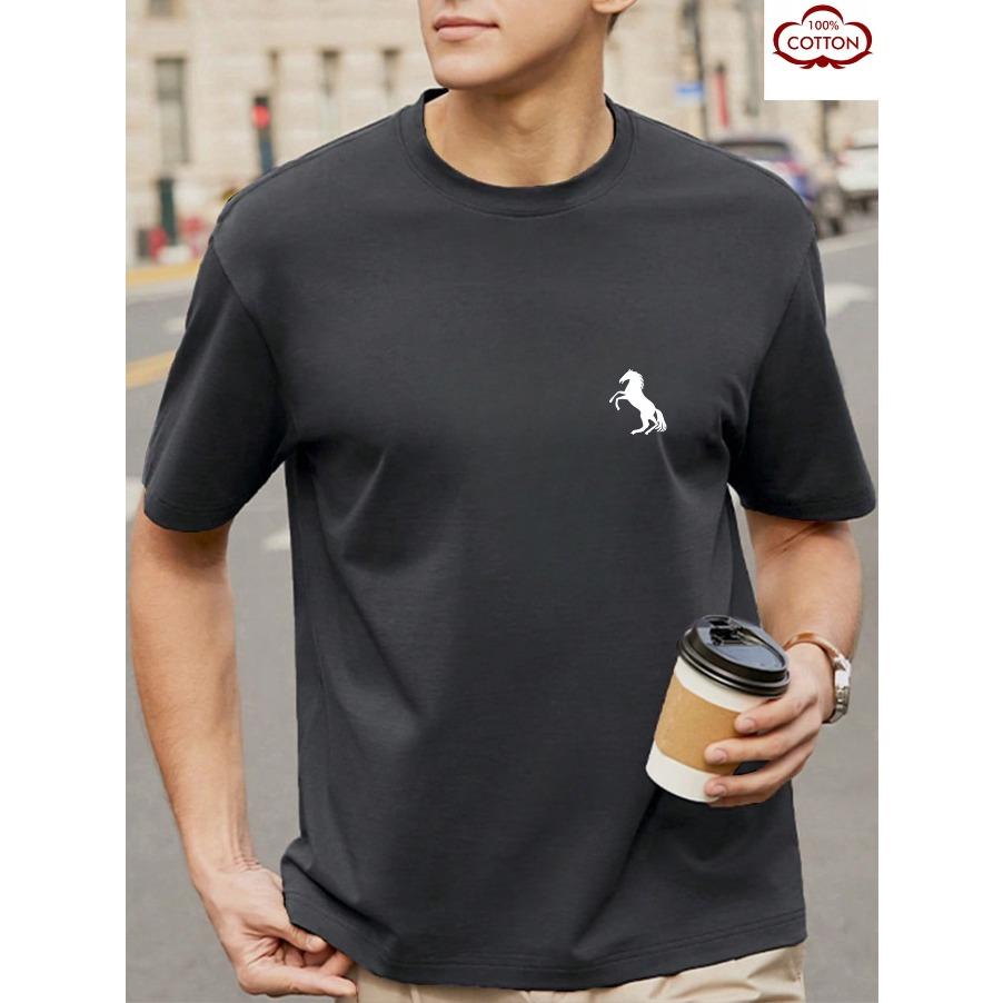 T-shirt Top Short Sleeved 100% Cotton "horse" Print, Summer All Season Men's Comfortable High-quality Casual Sports Luxury