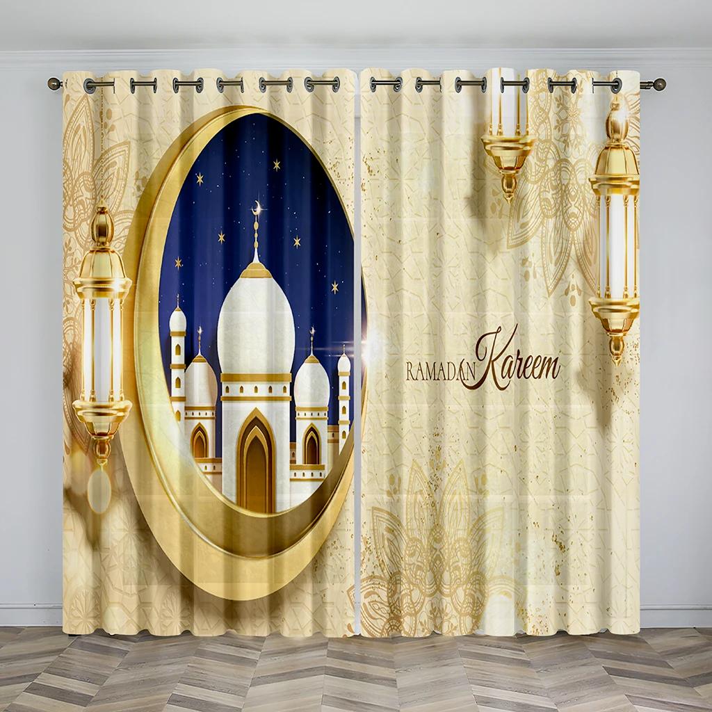 Cheap Gold Black Boho Ramadan Lslamic Muslim Kareem Thin Window Curtain for Living Room Bedroom Decor 2 Pieces Free Shipping