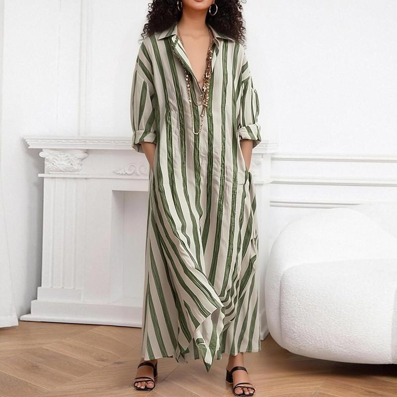 

European American Women s Casual Commuter Loose V-neck Striped Print Dress XL