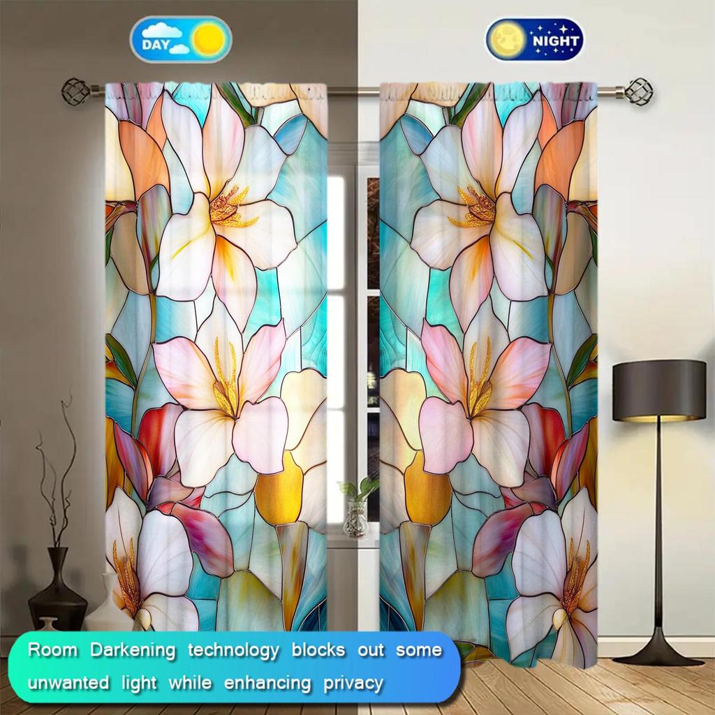 2 Panels Stained Glass Flower Pattern Window Curtains- Heat-insulating   Suitable for Decorating Curtains In Various Rooms