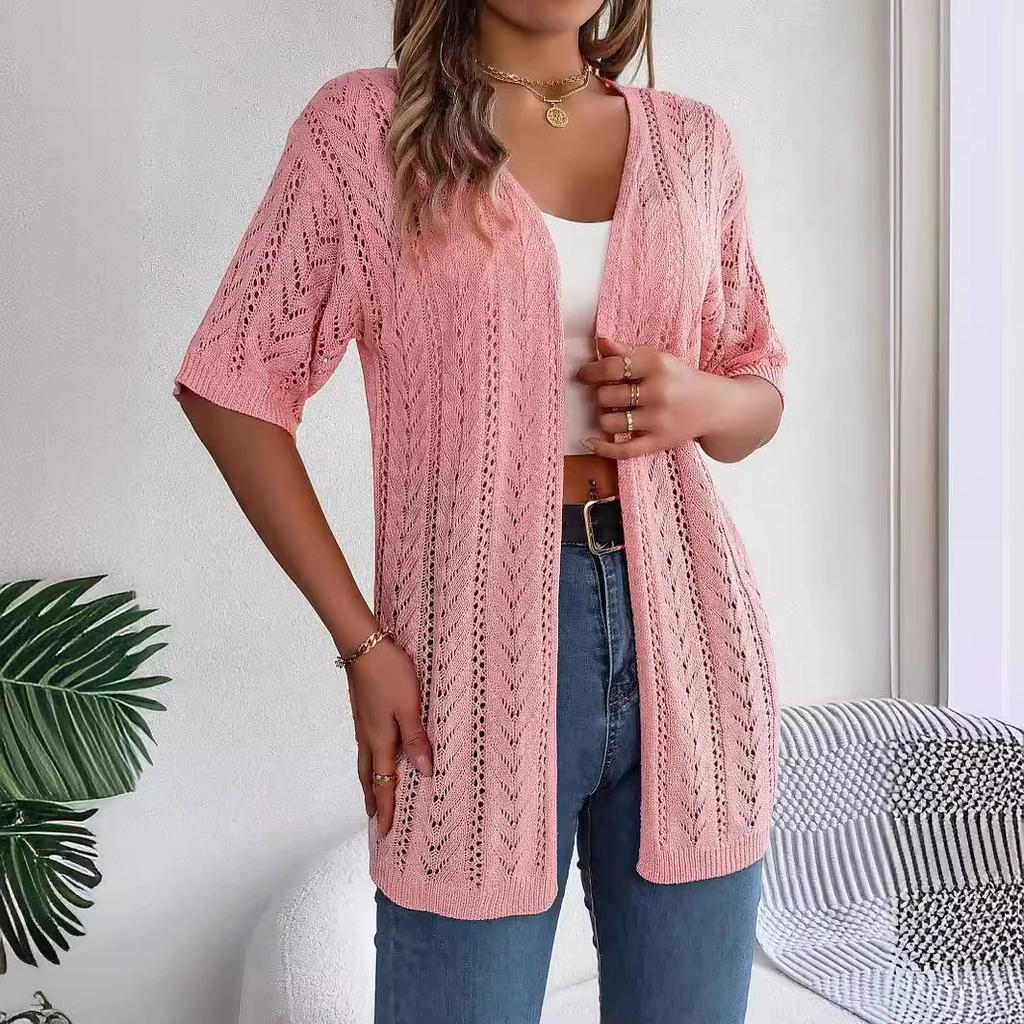 Spring and Summer Women Elegant Knitted Cardigan Hollow Out Short Sleeved Sun Proof Tops for Women