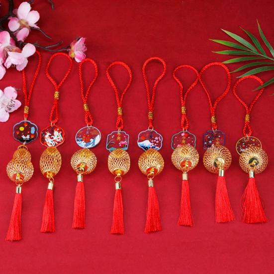 Chinese New Year Decoration Mini Golden Hollow Lantern Ornament Lucky Hanging Tassel Pendant for Fortune Wealth Success Home Kitchen Bonsai Tree Car