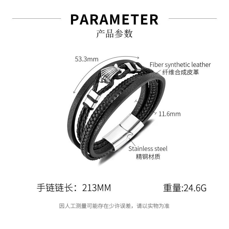 European American Fashion Leather Bracelet Men s Stainless Steel Personality Punk Style Titanium Multi-layer Woven