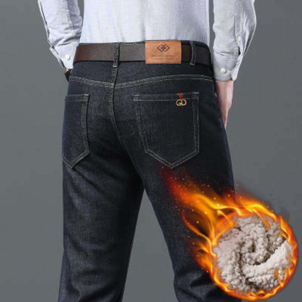 Lammwolle vergrößerte verdickte Winterabschnitt Jeans Herren Slim kleine gerade Stretch Business Casual Denim Herrenhose