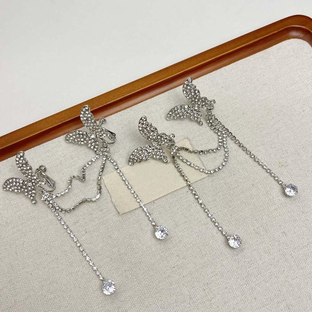 1 pair Luxury Silver Tassel Ear Clip Long Shiny Temperament Eardrops  Women