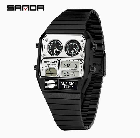 Relógio Masculino Digital LED SANDA 3192 Mostrador Quadrado Duplo Display Multifuncional Medição de Temperatura Esportivo Masculino de Pulso Presente