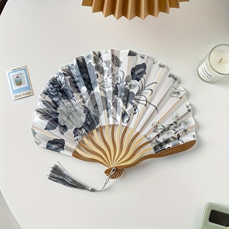 1pc Elegant Vintage Chinese Ink Wash Folding Fan with Floral Design & Tassel - Portable Handcrafted Dance Accessory for Women/Men