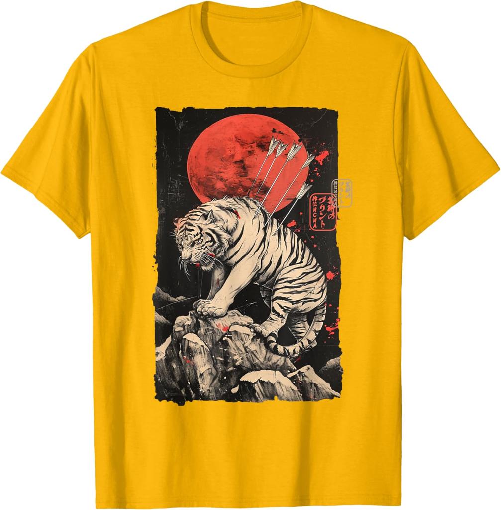 Wounded Tiger with Arrows Japanese Art Graphic Tee Mens Casual Round Neck TShirt Breathable Print
