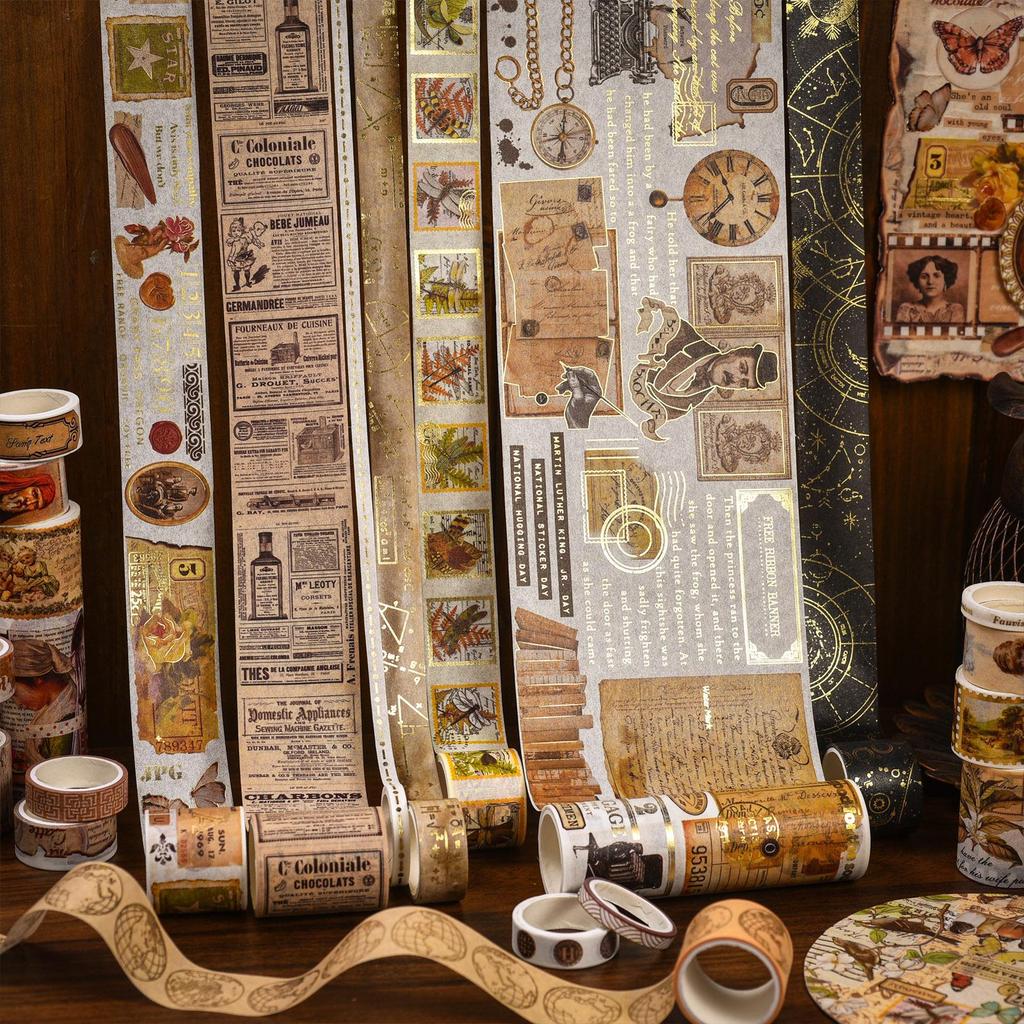 AGUGU Story Collection Gold Foil Retro Journal Washi Tape & DIY Decorative Stickers Set