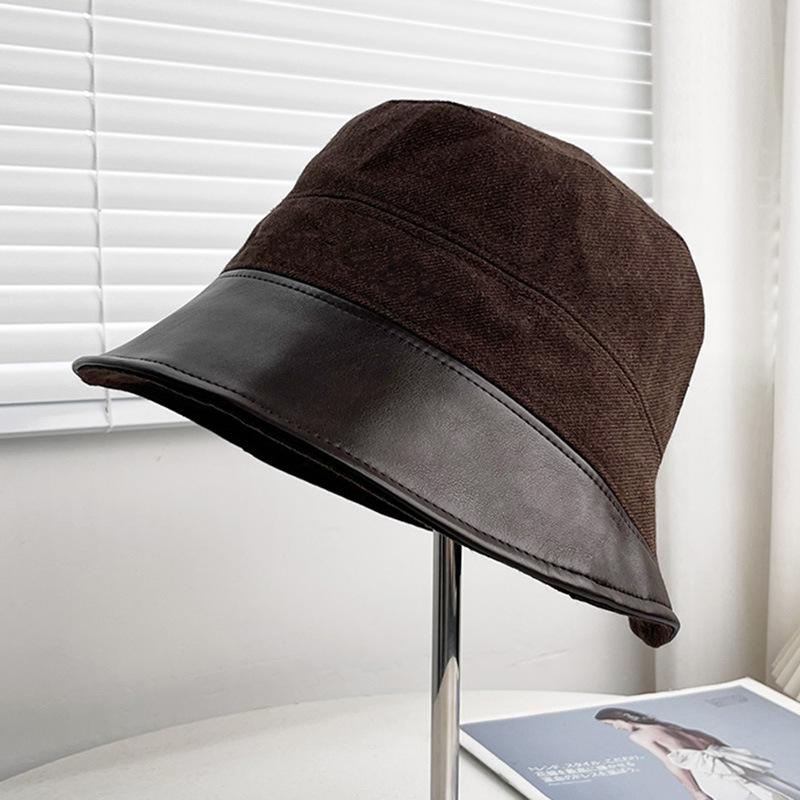 New pu leather splicing bucket hat women's autumn and winter big head circumference sunshade bucket hat wide brim basin hat