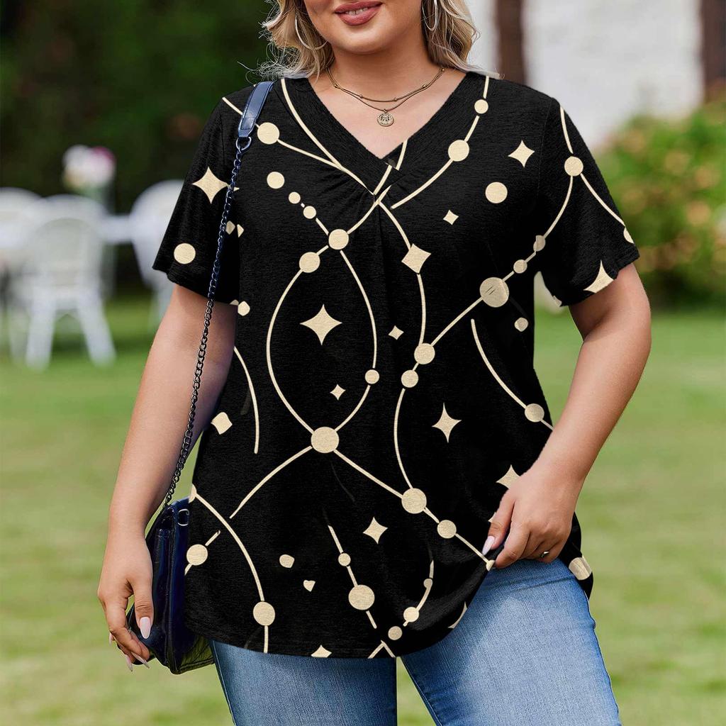 Women's Plus Size Fashionable Casual Loose-Fit Short Sleeve Elegant V Neck Blouse For Work