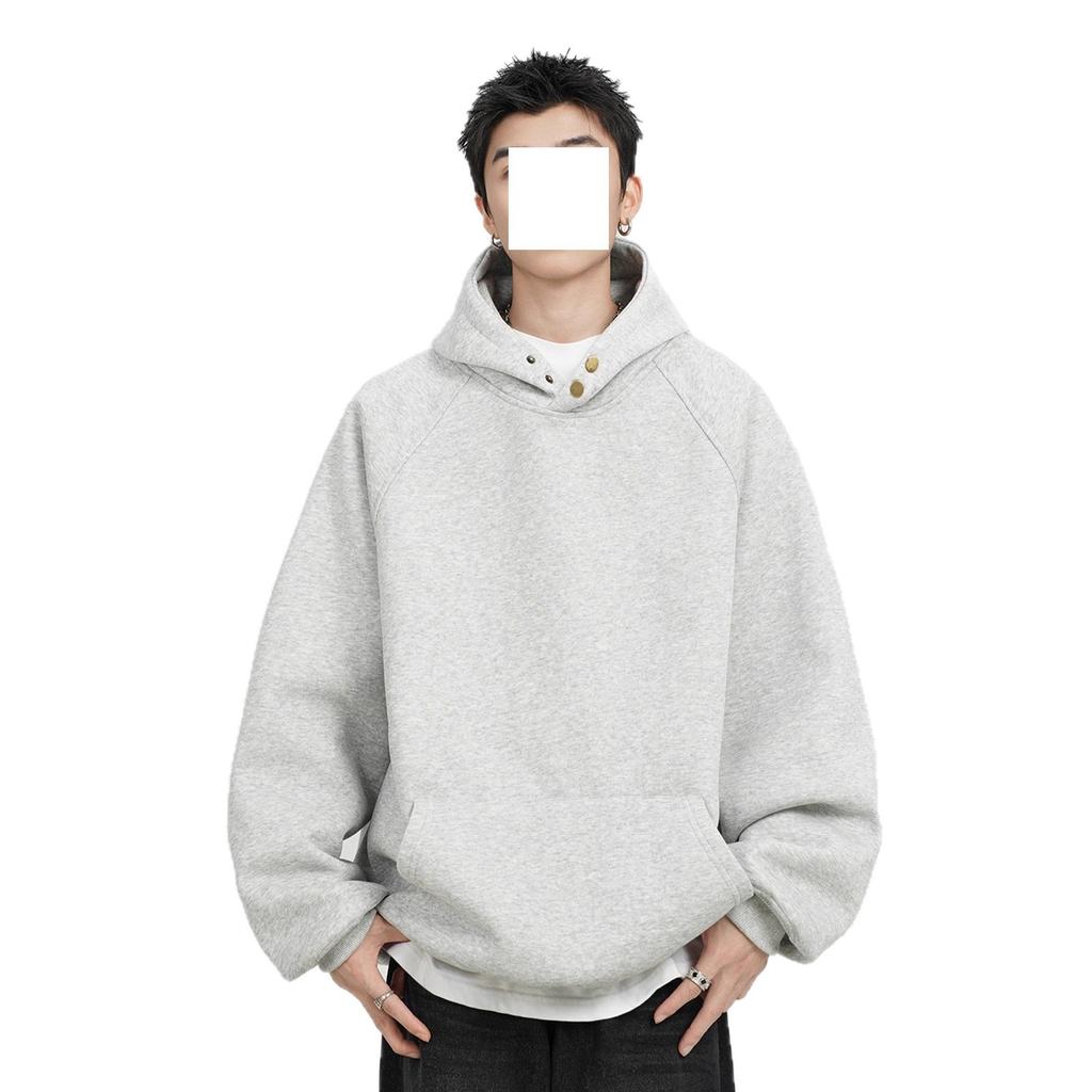 300G heavy button hooded sweater men's autumn and winter trendy brand loose casual solid color versatile American hoodie jacket