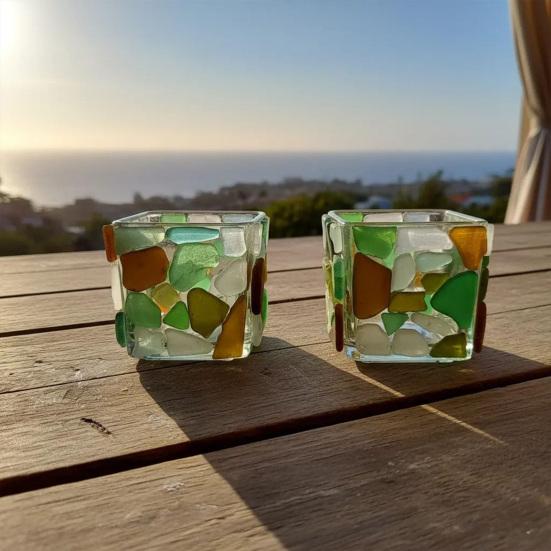 Sea Glass Tea Light Holders Handmade Mediterranean Candlesticks Nature Inspired Candle Holder Unique Gift