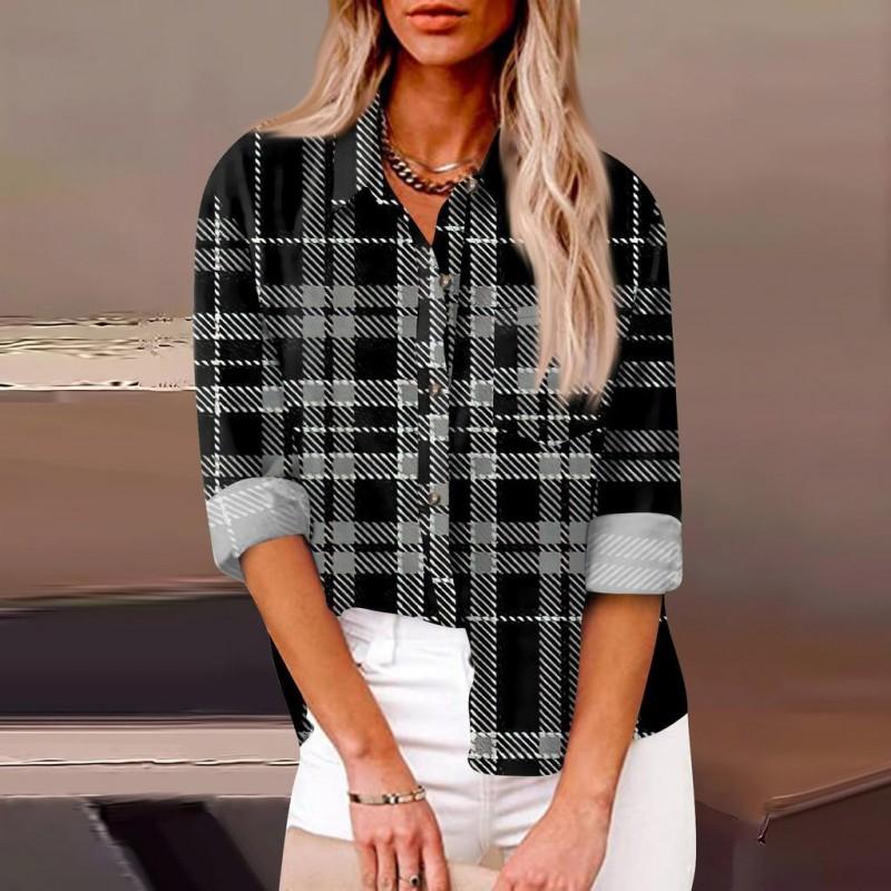 Womens Relaxed Fit Long Sleeve Shirt With 3D Digital Print Plaid Casual Cotton Linen Blouse
