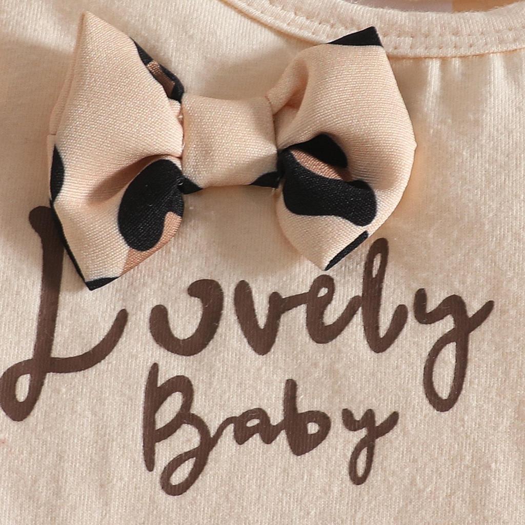 Euro-American Baby Long-Sleeve Set: Letter Bowknot Bodysuit, Leopard Bib Overalls, and Headband