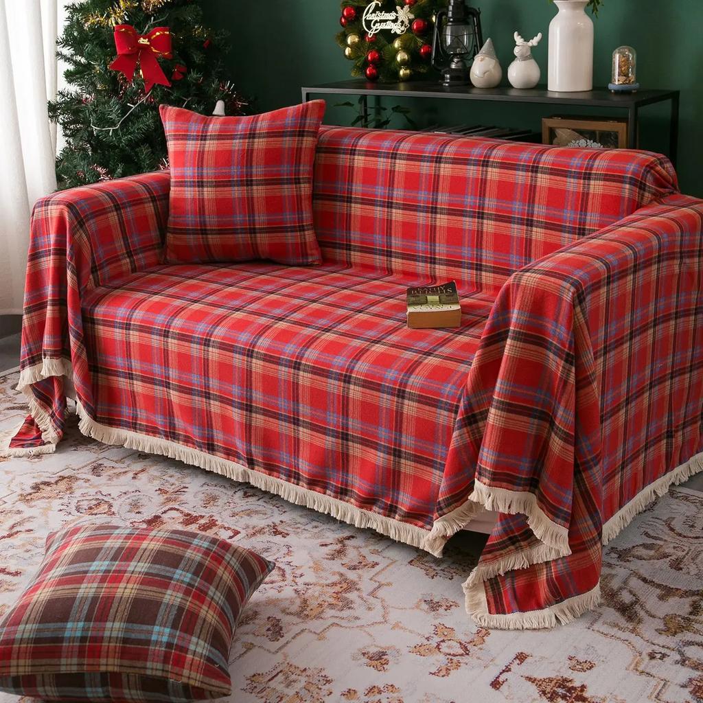 Christmas Decoration Green Plaid Color Sofa cover Woven Polyester Cotton Red Green Sofa blanket for Home Party Decor