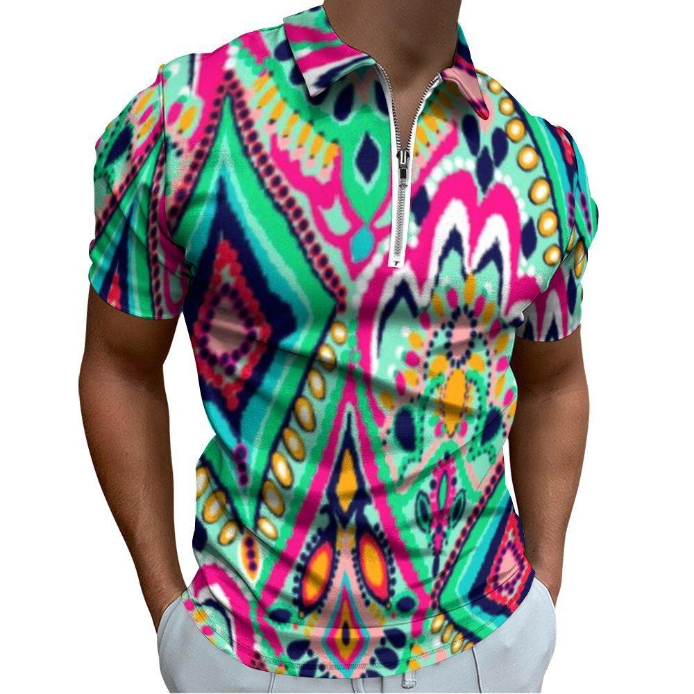 Abstract Pattern Short Sleeve Zip Polo, Stylish Casual Top for Daily Wear