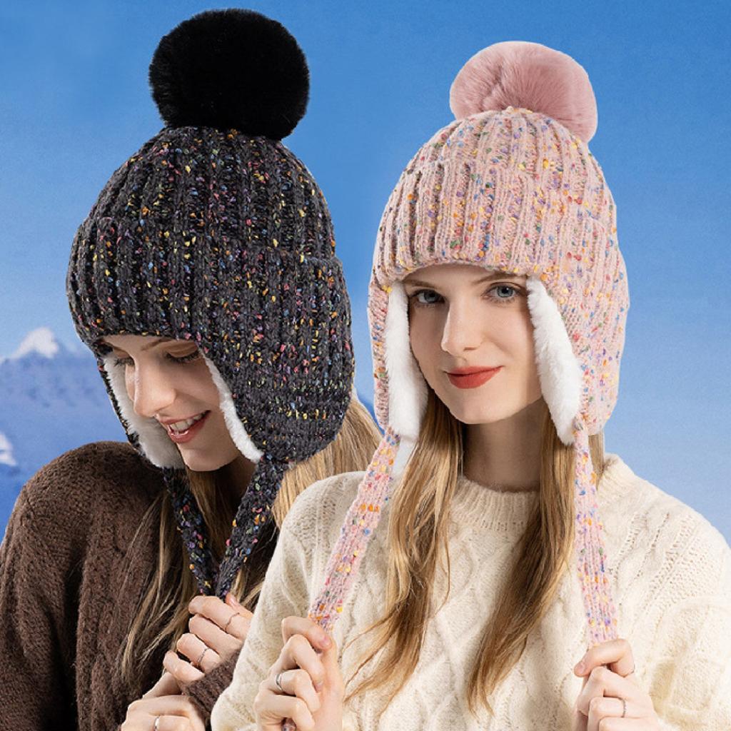 Women's Winter Hat Knit Earflap Hat Stocking Caps With Ears Hat Outdoor Warm Furry Hat