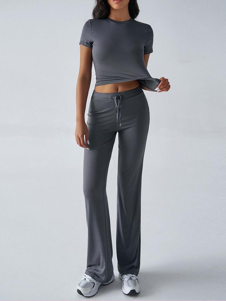 2025 Women's European & American Solid Color Round Neck Casual Fashion Set - Short Sleeve Top & Long Pants for Spring/Summer