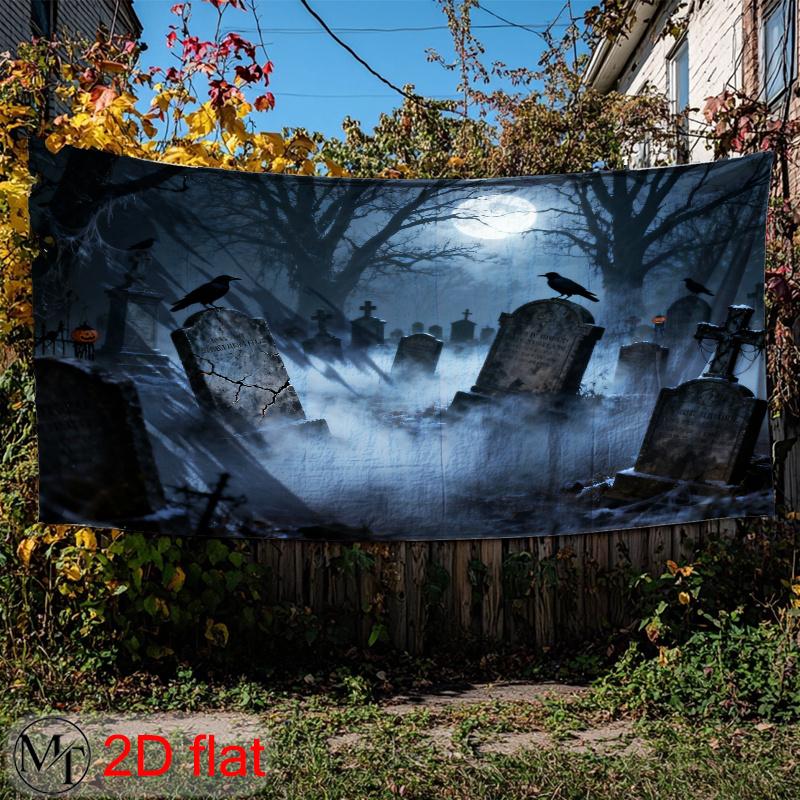 2D flat banners In the cemetery at night numerous tombstones stand in rows and there is a full moon in the sky.PMJ