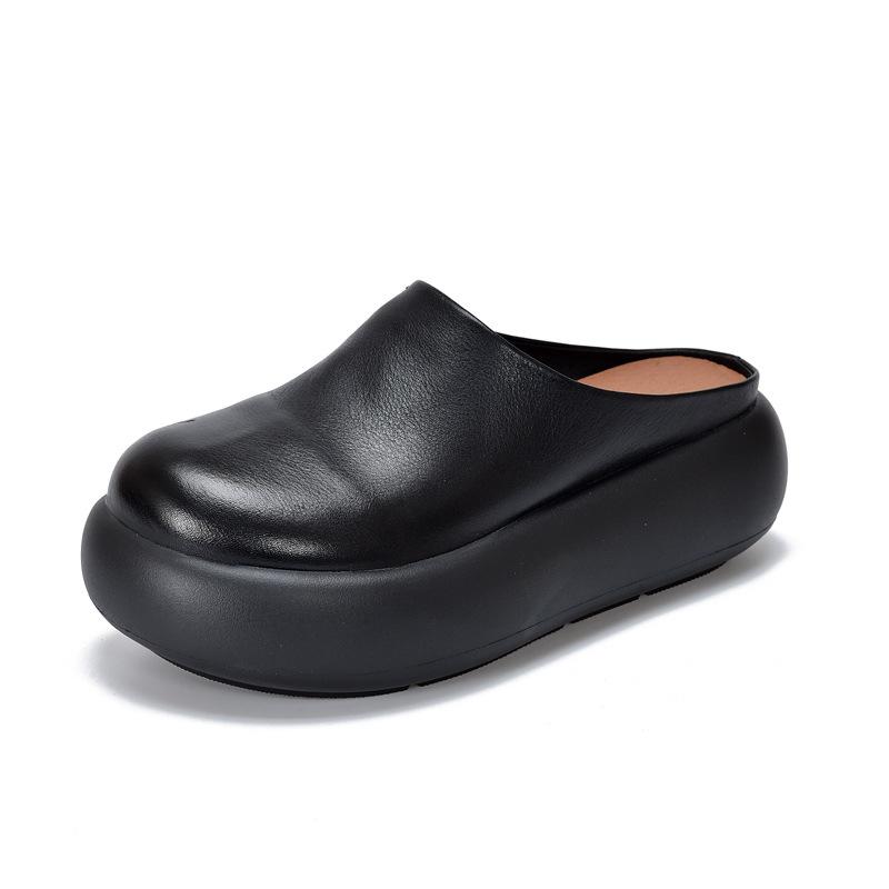 

Johnature Натуральная кожа Однотонные С круглым носком Женские шлепанцы на платформе Легкие с толстой подошвой Обувь слипоны 38 чёрный