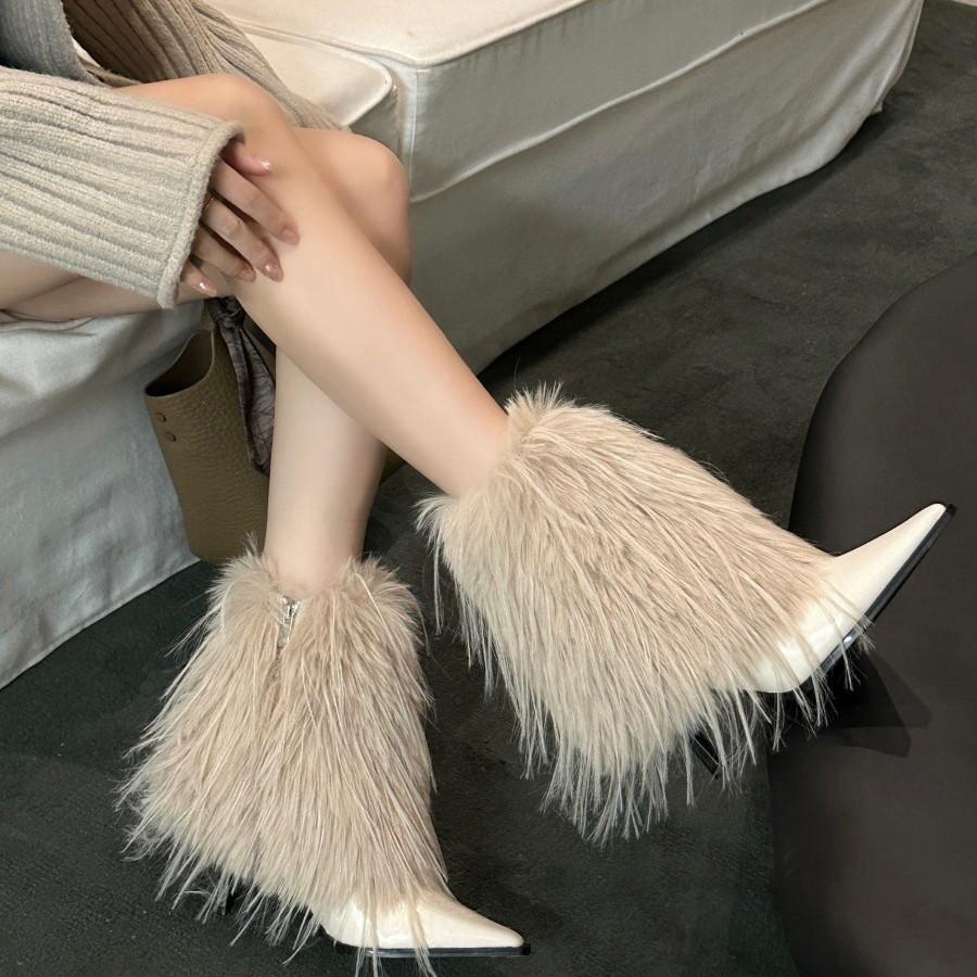 New fur fur short boots warm fashion women's shoes 2025 autumn and winter new pointed high women's boots snow boots