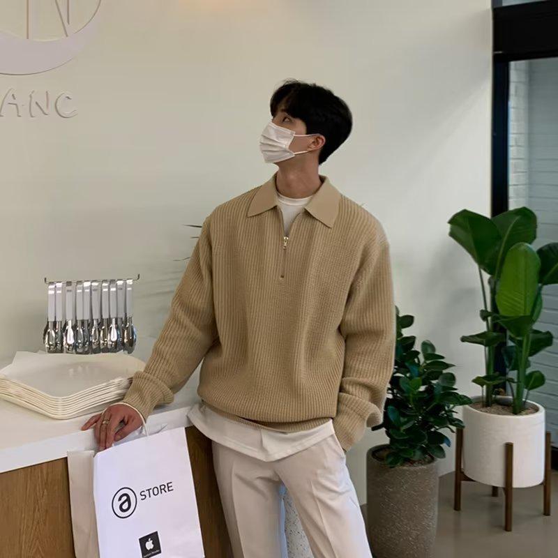 Men's Retro Half-Zip Turn-Down Collar Sweater, Autumn/Winter Style, Loose Casual Knitwear.