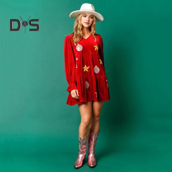 Women Christmas Dress Festive Star Print Patchwork Sequin A-line Pleated V Neck Long Sleeves Ruffles Velvet Party New Year Mini Dress