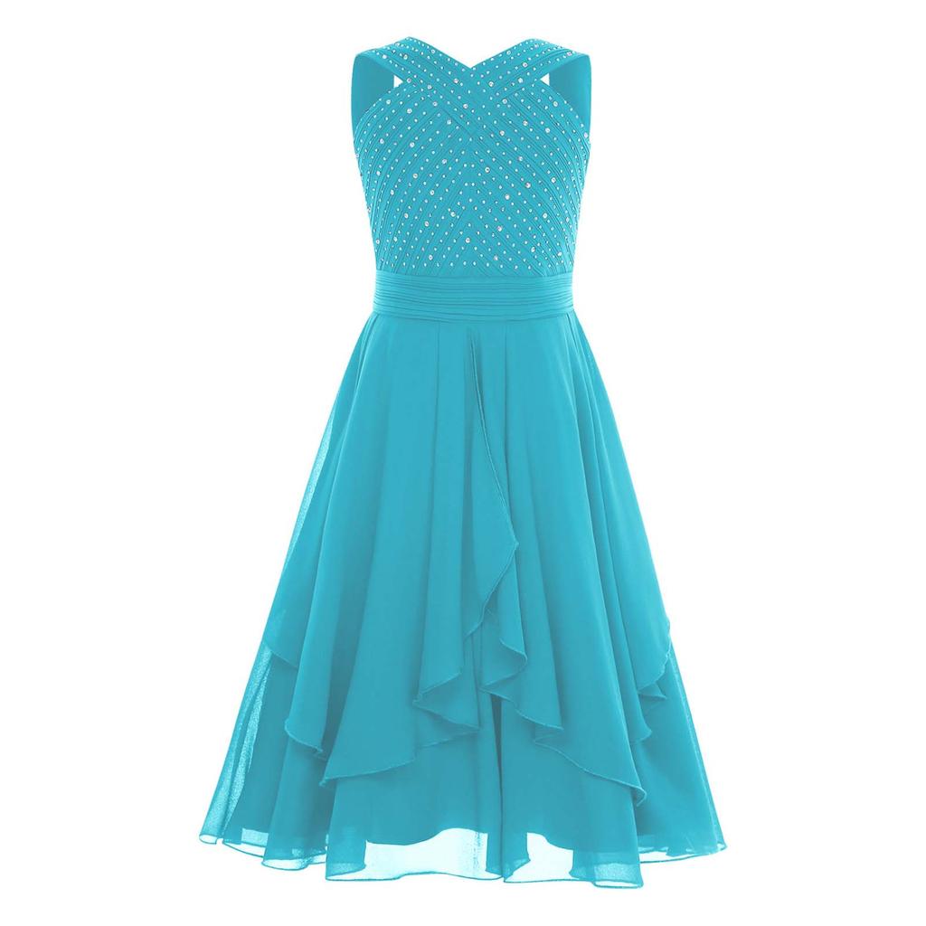 Flickklänning Enfärgad Foder V-ringning Ärmlös Veckad Klänning Glittrande Strassprydd Hög Midja A-linje Studentklänning