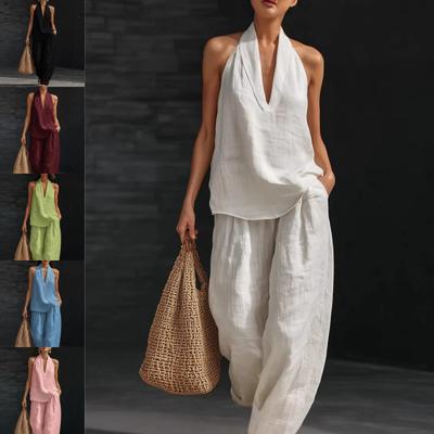 2026 Summer Women's Solid Color Halter Neck V-Neck Sleeveless Casual Suit