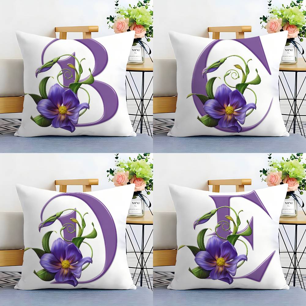 Simple Purple Flower Letters Pillow Case Plush Fabric Soft Double Sided Print Sofa Cushion Cover Throw Pillow Covers