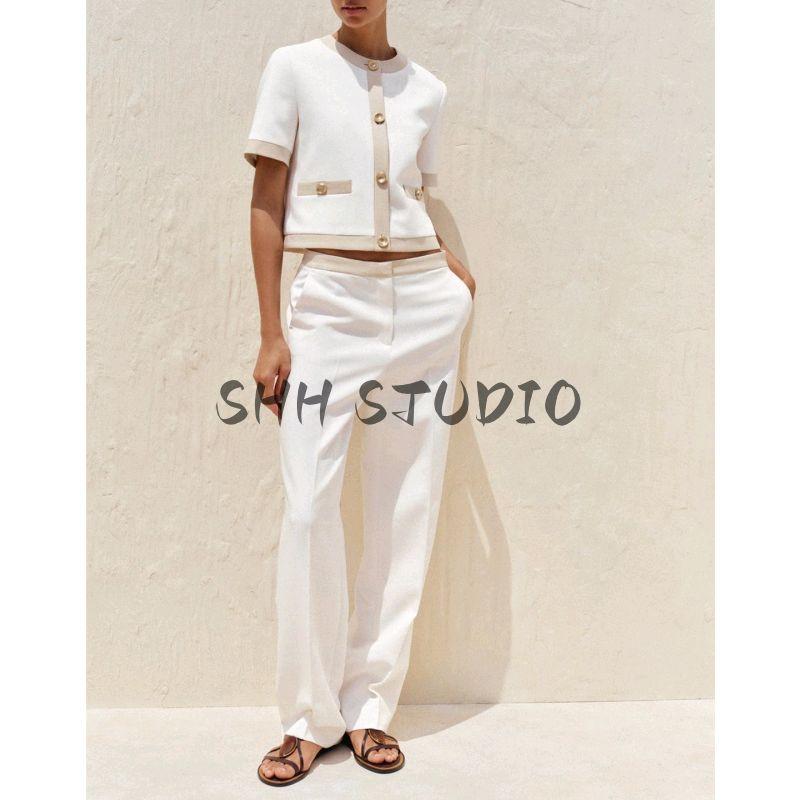 Contrast Color Trim Blazers 3597696 8317593 High Waist Straight Pants 3599696 8316593