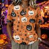 Women's Short Sleeve Henley Neck Shirt Cotton Linen Blend Casual Button Front Top Halloween Pumpkin Print