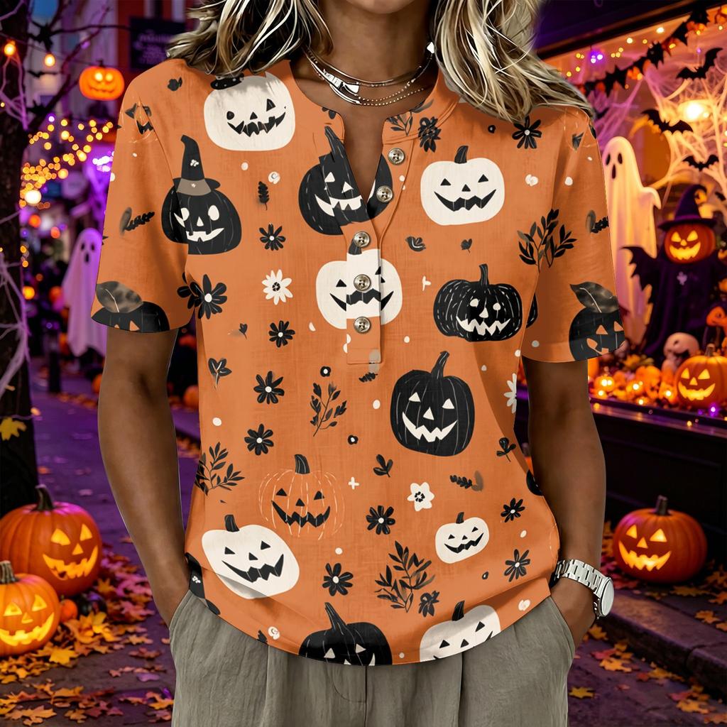 Women's Short Sleeve Henley Neck Shirt Cotton Linen Blend Casual Button Front Top Halloween Pumpkin Print