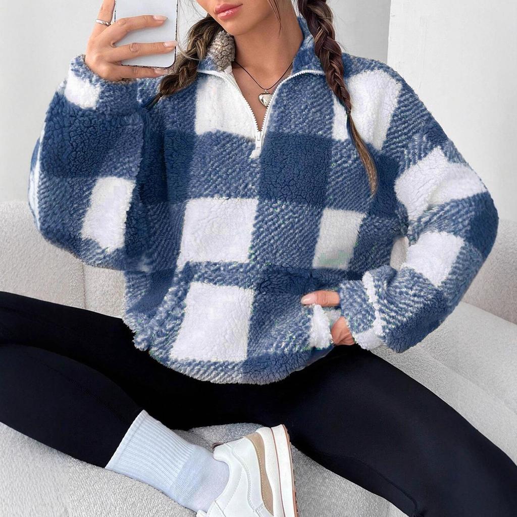 Autumn and Winter Zipper Plaid Double-sided Plush Loose Casual Women's Long-sleeved Sweater Jacket