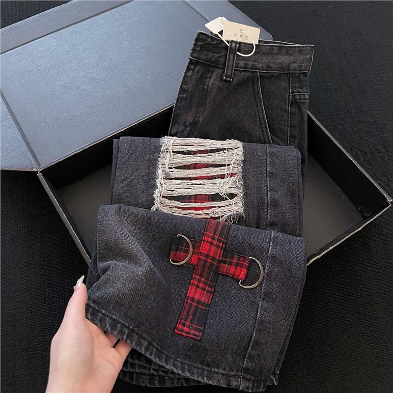 Plus Size Punk Style Ripped Wide-Leg Retro Jeans for Women S черный серый