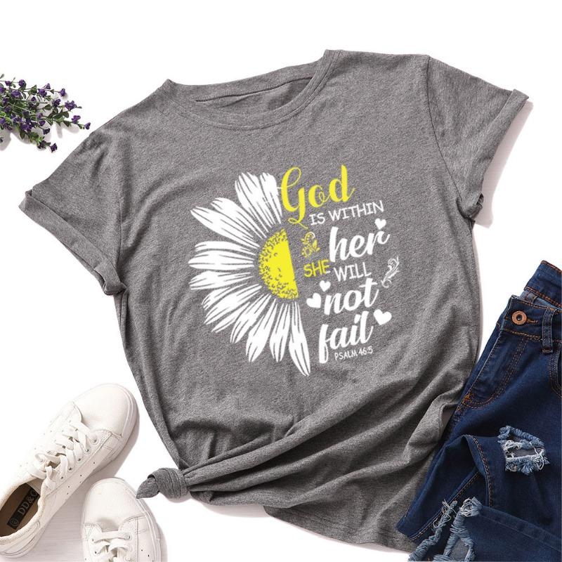 Damen Locker Rundhals Chrysanthemen-Buchstaben Reine Baumwolle Kurzarm T-Shirts Damen